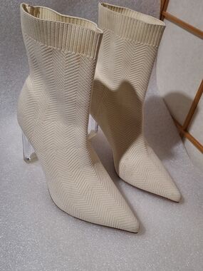 Cream Knit Sock Booties with Clear Block Heel